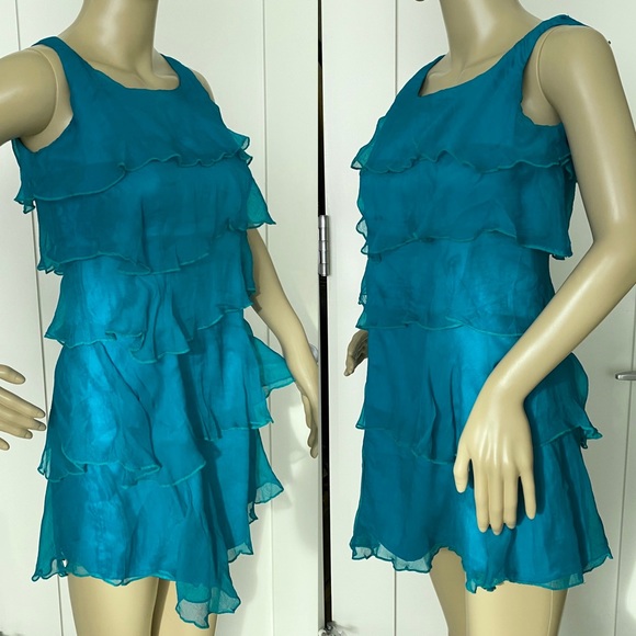 Teal Silk Ruffle Mini Cocktail Travel Dress Zip Zipper Sleeveless Size Small - Picture 2 of 2